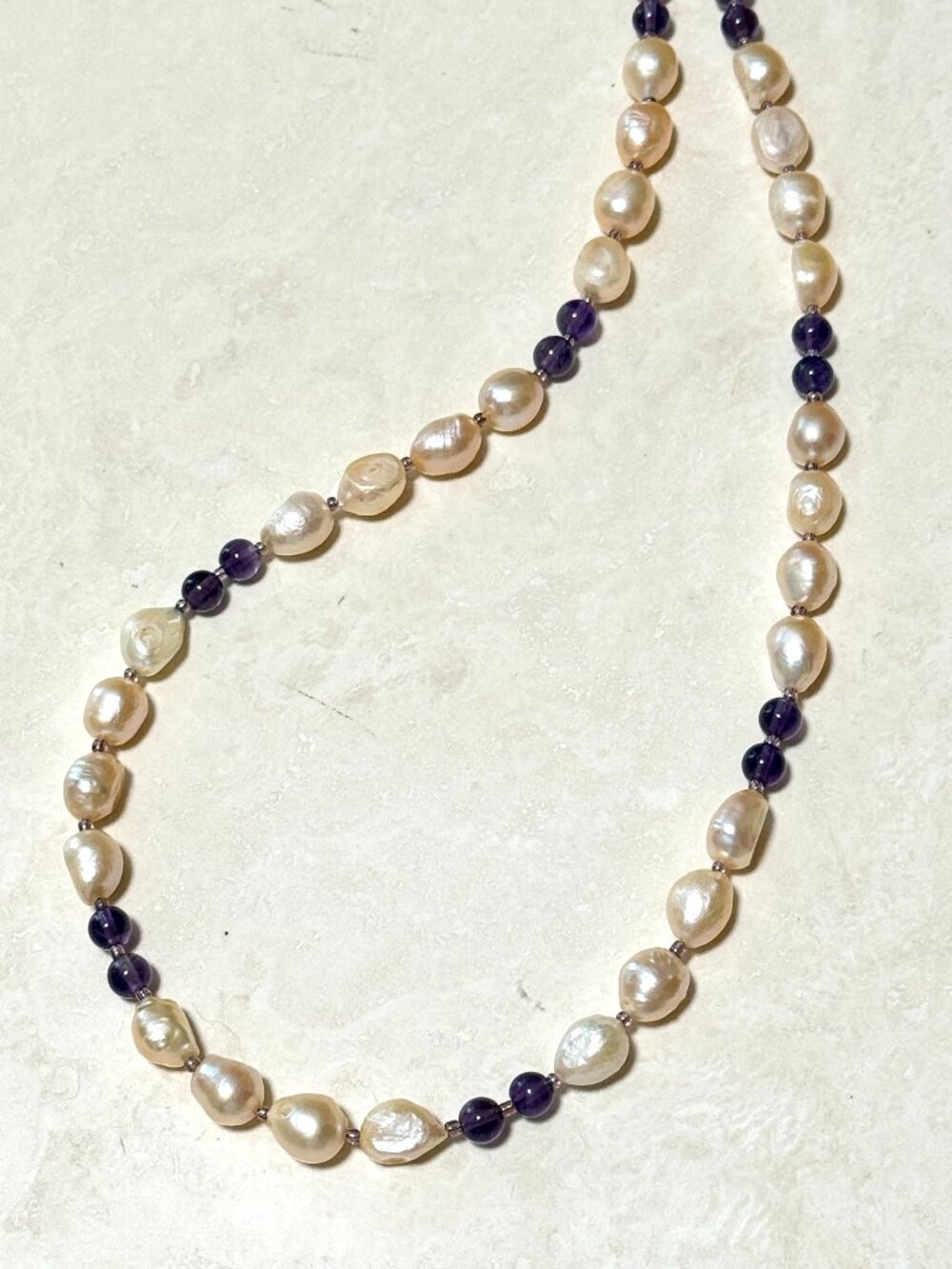 Pink Freshwater Pearl & Amethyst Necklace, Gemstone Beaded Matinee Necklace